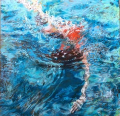 "Kissing the Ground" Abstract oil painting of a woman in a red suit under water