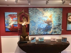 "Besar el suelo" pintura abstracta al óleo de mujer con traje rojo bajo el agua azul