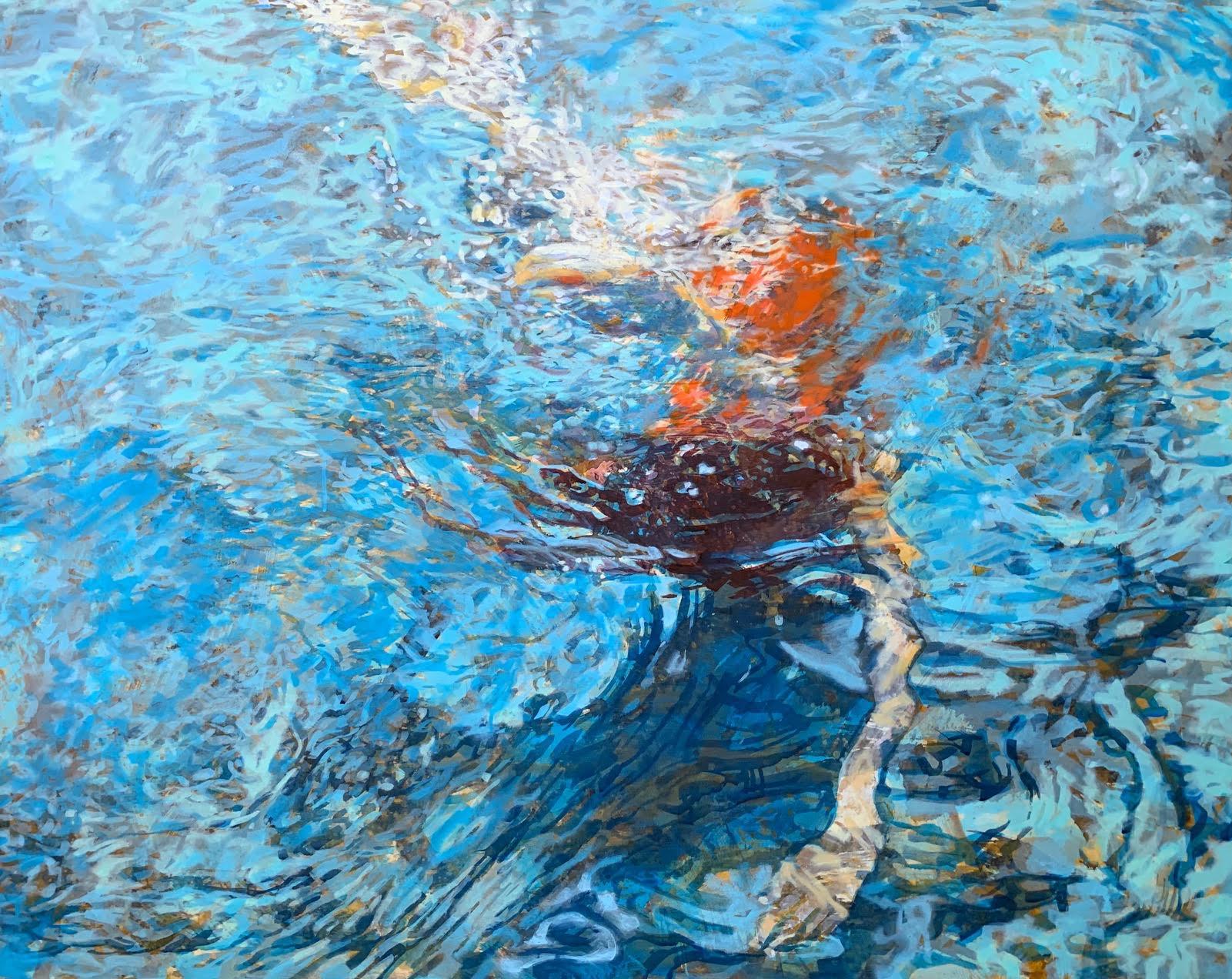 Carol Bennett Figurative Painting - "Kissing the Ground" abstract oil painting of woman in red suit under blue water