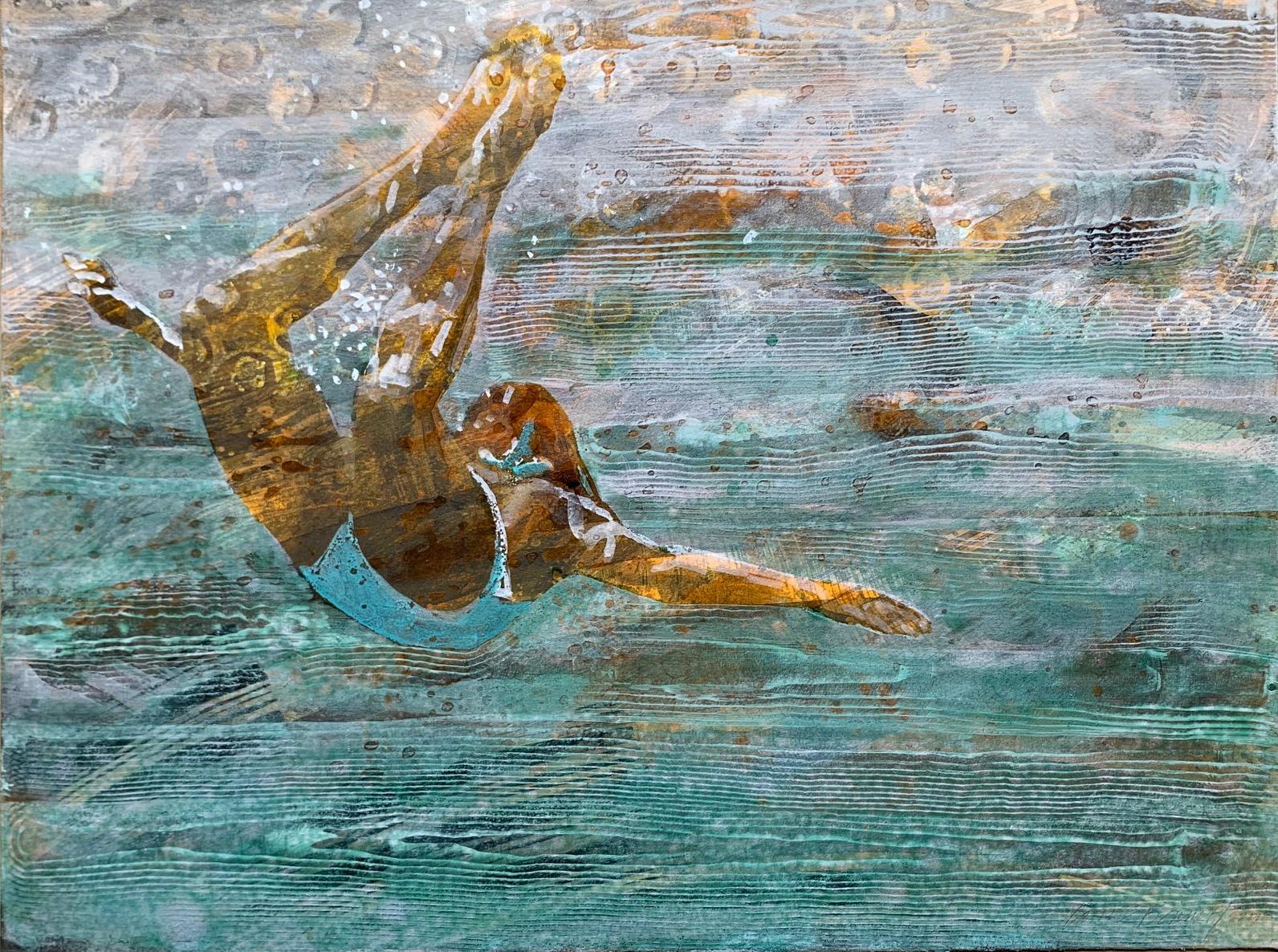 Carol Bennett Figurative Painting - "Lift and Glide (Paper)" figurative oil of swimmer underwater white bathing suit
