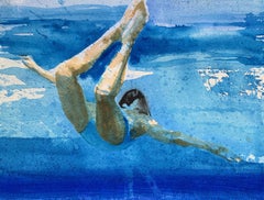 "Lift Study I (paper)" watercolor painting of a woman swimming in blue water