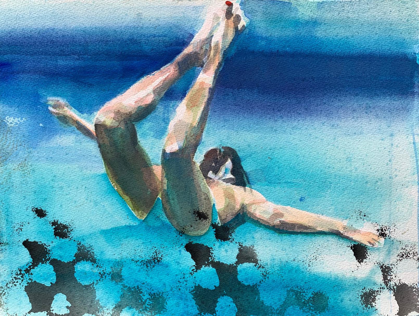 Carol Bennett Figurative Painting - "Lift Study II (paper)" watercolor painting of woman swimming under blue water