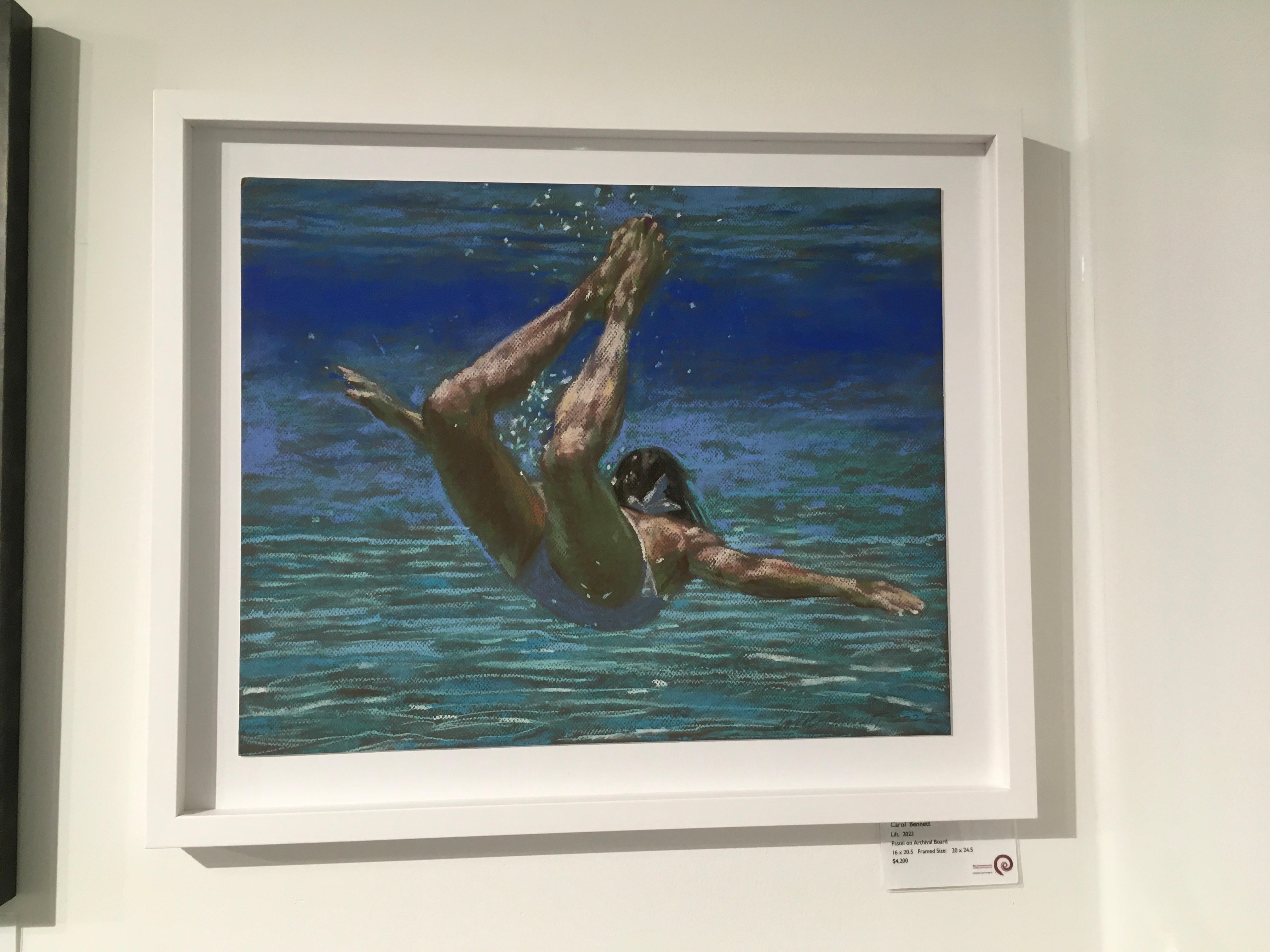 Lift, Swimmer, Water, Work on board, Pastel, Blue, Female Figure - Painting by Carol Bennett
