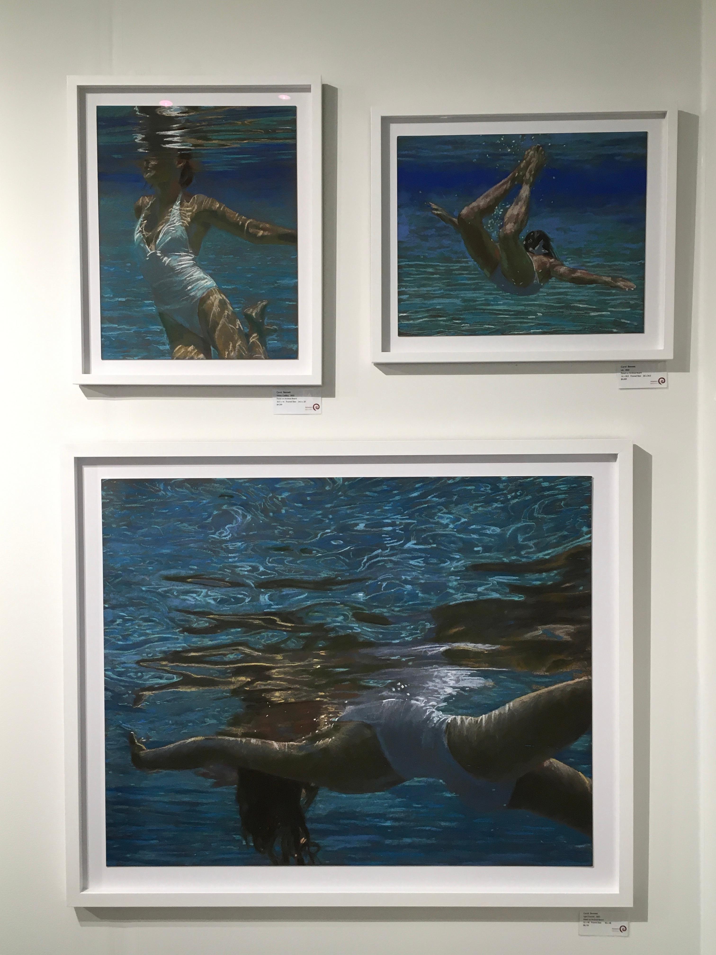 Lift, Swimmer, Water, Work on board, Pastel, Blue, Female Figure - Contemporary Painting by Carol Bennett