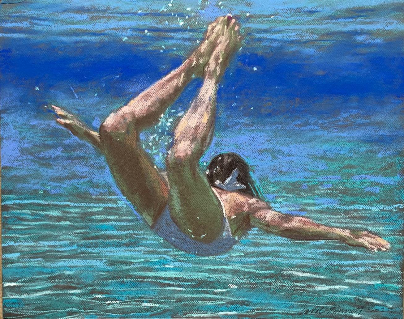 Lift, Swimmer, Wasser, Arbeit auf Karton, Pastell, Blau, weibliche Figur