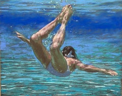 Lift, Swimmer, Water, Work on board, Pastel, Blue, Female Figure