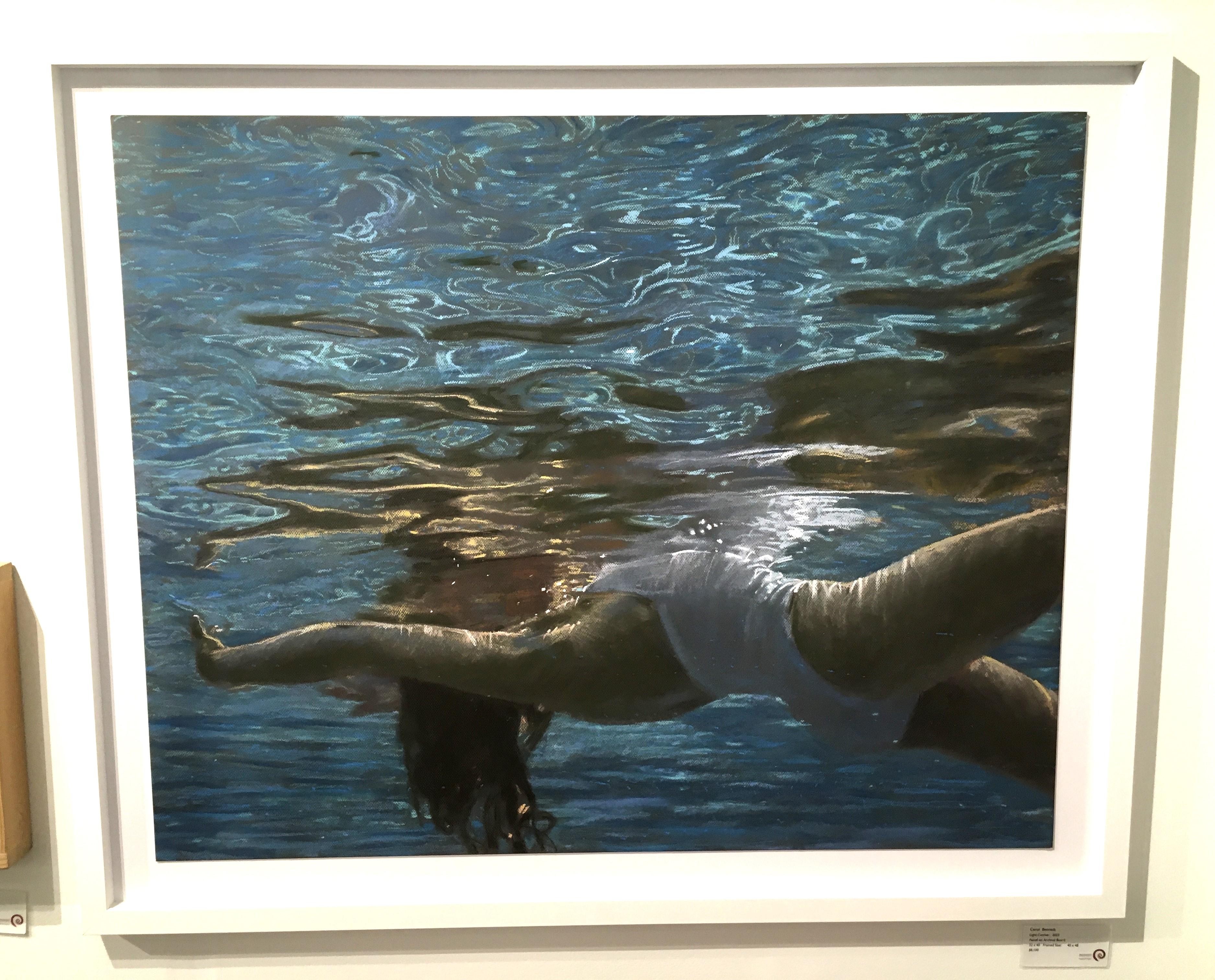 Light Catcher, Swimmer, Water, Work on board, Pastel, Blue, Female Figure - Painting by Carol Bennett