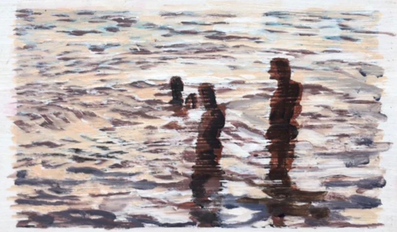Carol Bennett Figurative Painting - "Listening (Paper)" Figurative abstract oil painting of people in the ocean