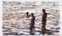 "Listening (Paper)" Figurative abstract oil painting of people in the ocean