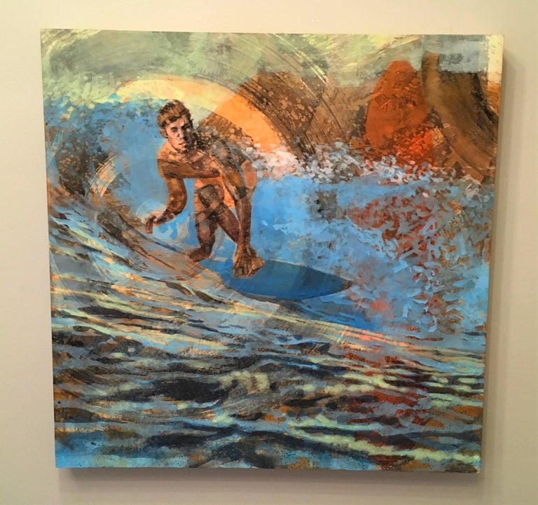Malibu Dawn Patrol, Surfer, Water, Painting, Blue, Orange, Male Figure, Waves - Gray Landscape Painting by Carol Bennett