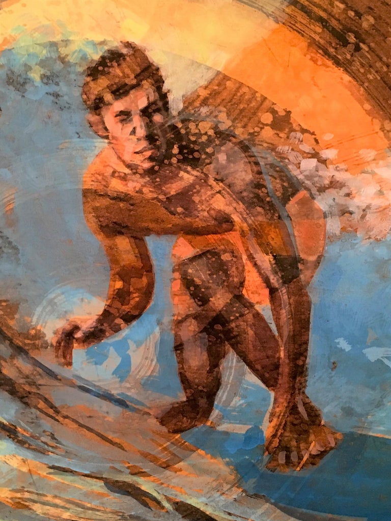 Malibu Dawn Patrol is a figurative artwork featuring a male surfer catching a wave.  It is a mixed media painting.    Artwork is 31.5 x 31.5.  This is part of the latest series by Hawaii artist, Carol Bennett.

Carol Bennett spends all of her time