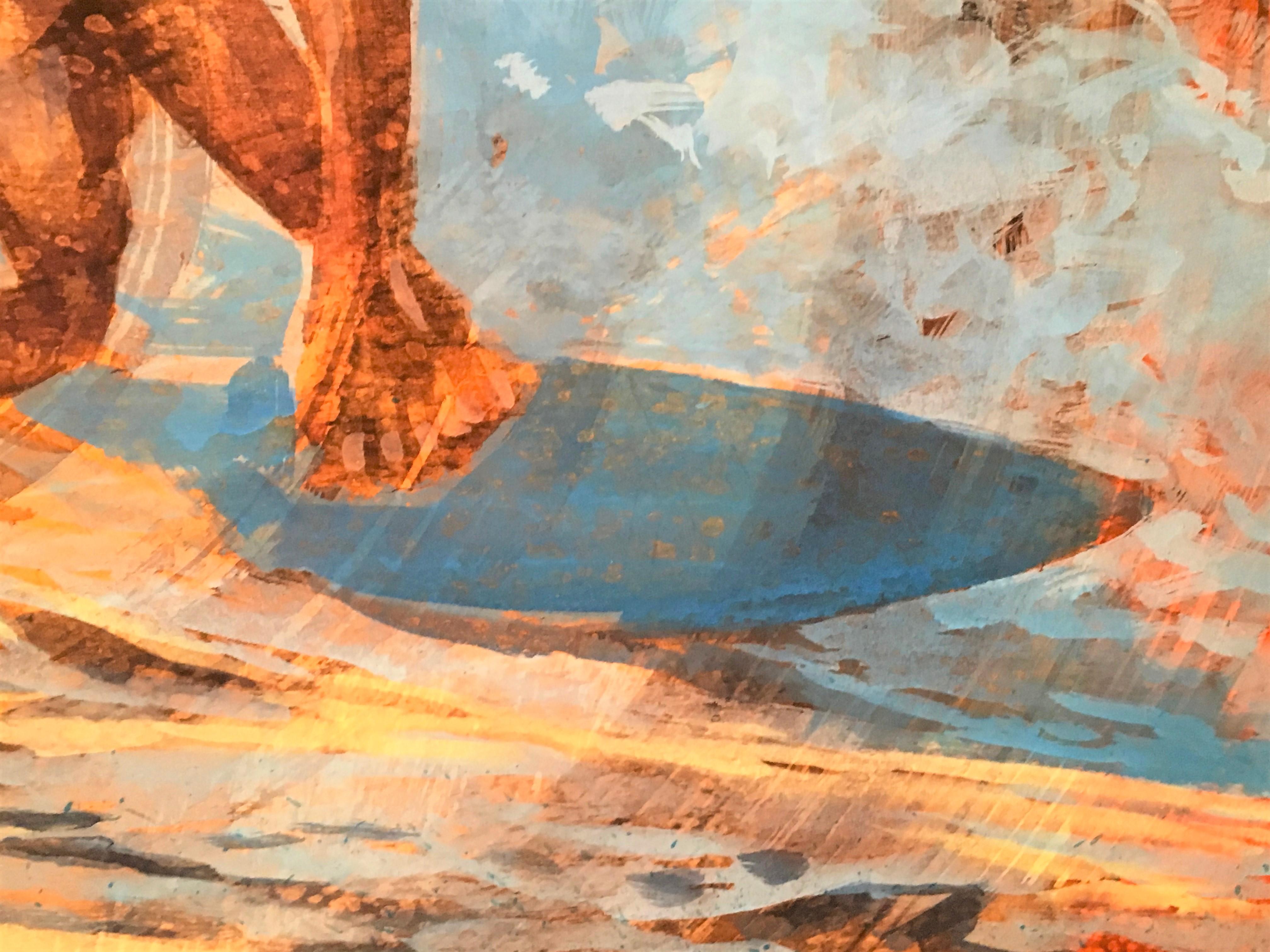 Malibu Dawn Patrol ist ein figuratives Kunstwerk, das einen männlichen Surfer zeigt, der eine Welle fängt.  Es handelt sich um ein Gemälde in Mischtechnik.    Das Kunstwerk ist 31,5 x 31,5.  Dies ist Teil der neuesten Serie der Künstlerin Carol