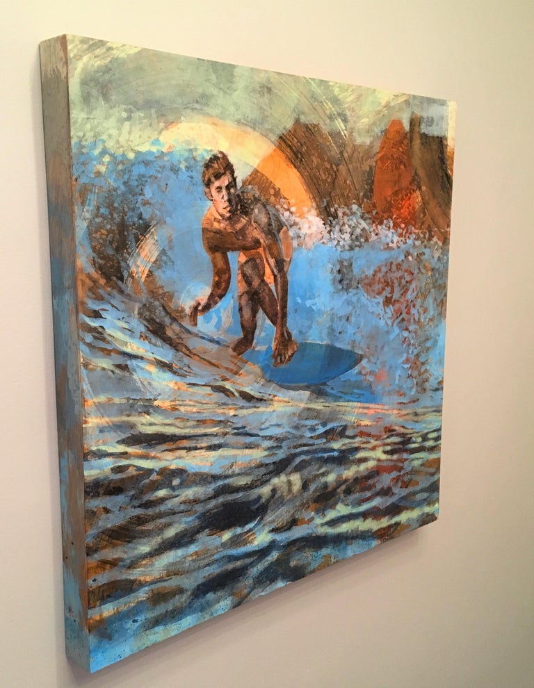 Malibu Dawn Patrol, Surfer, Water, Painting, Blue, Orange, Male Figure, Waves For Sale 3