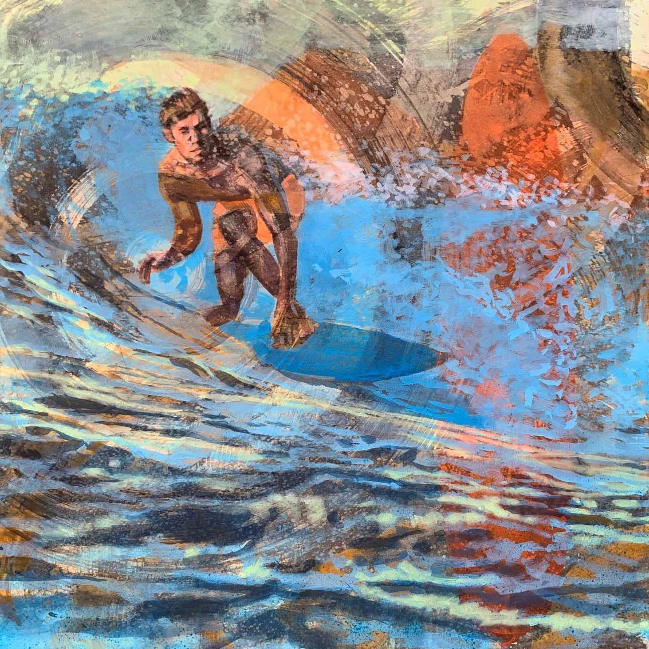 Carol Bennett Landscape Painting – Malibu Dawn Patrol, Surfer, Wasser, Gemälde, Blau, Orange, männliche Figur, Wellen