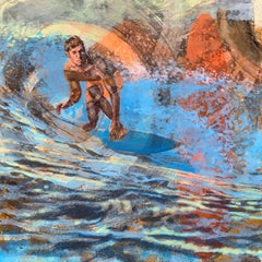 Malibu Dawn Patrol, surfeur, eau, peinture, bleu, orange, figure masculine, vagues