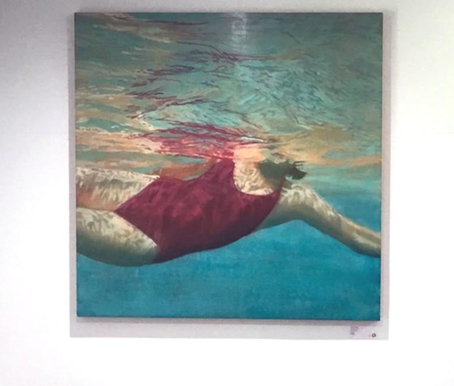 Chinesisch, Schwimmen, Wasser, Gemälde, Rot, Blau, weibliche Figur, Strand, Schwimmen – Painting von Carol Bennett