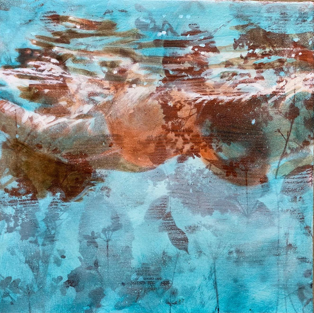 Carol Bennett Abstract Painting - "MV Spring" abstract figurative oil painting swimmer underwater with orange