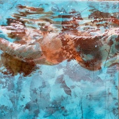 Peinture à l'huile figurative abstraite «MV Spring » représentant une nageuse sous l'eau avec de l'orange