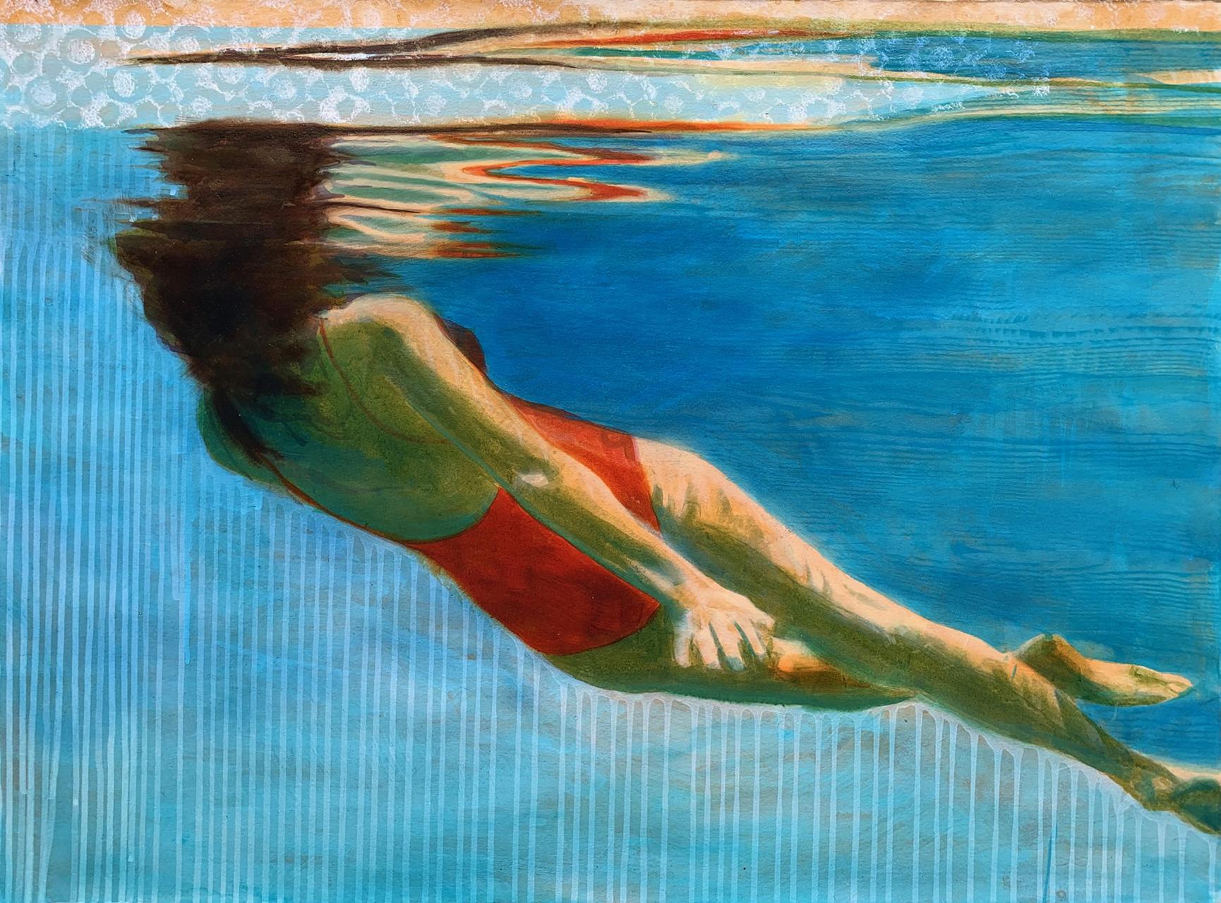 Carol Bennett Figurative Painting - "Oddballing (paper)" Acrylic painting of a woman swimming in a red bathing suit