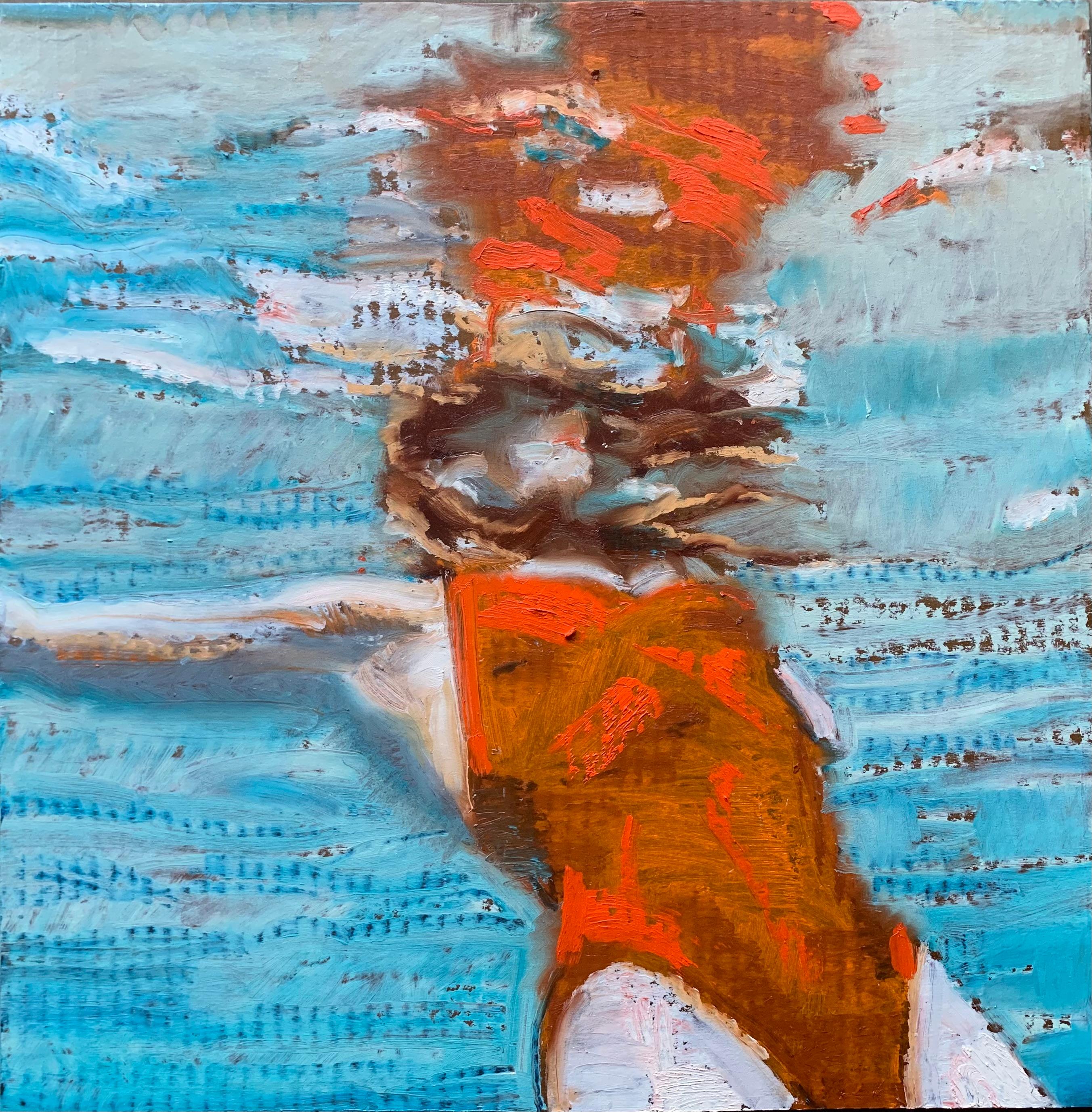 Carol Bennett Figurative Painting - "Orange You Drifting" oil painting of a woman floating in a turquoise pool