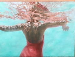 "Peace Out" oil painting if a woman in a red swimsuit in turquoise water