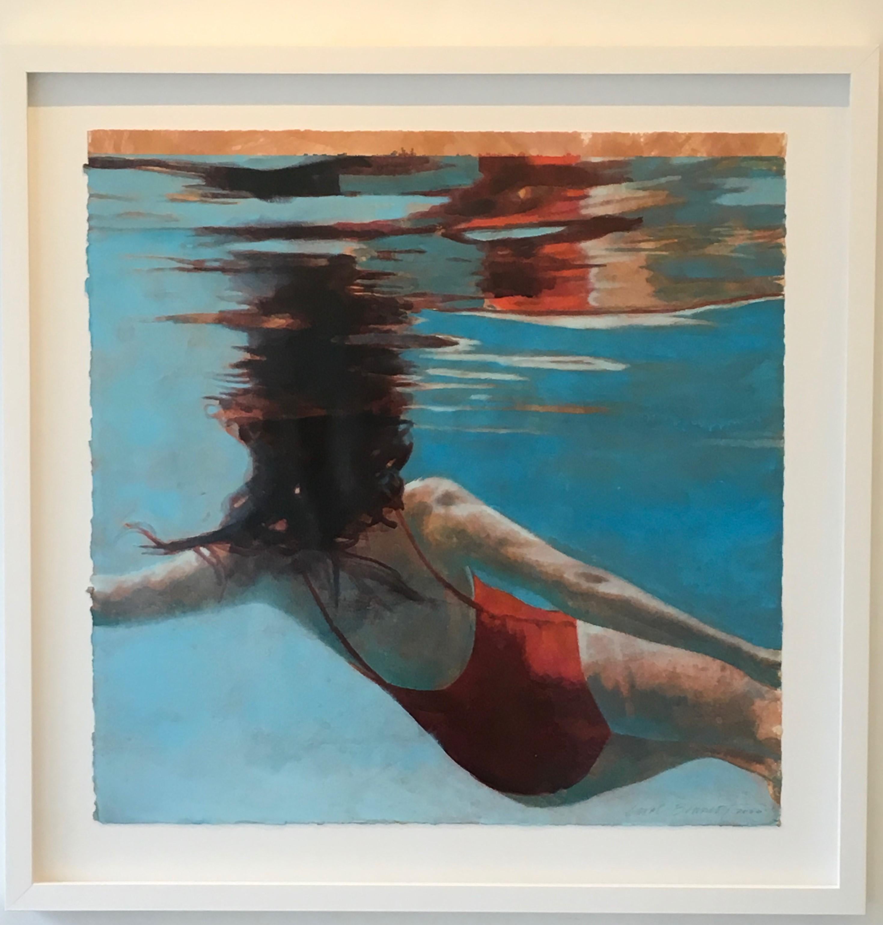 Portal, Swimmer, Water, Work on Paper, Blue, Red Swimsuit, Female Figure - Painting by Carol Bennett