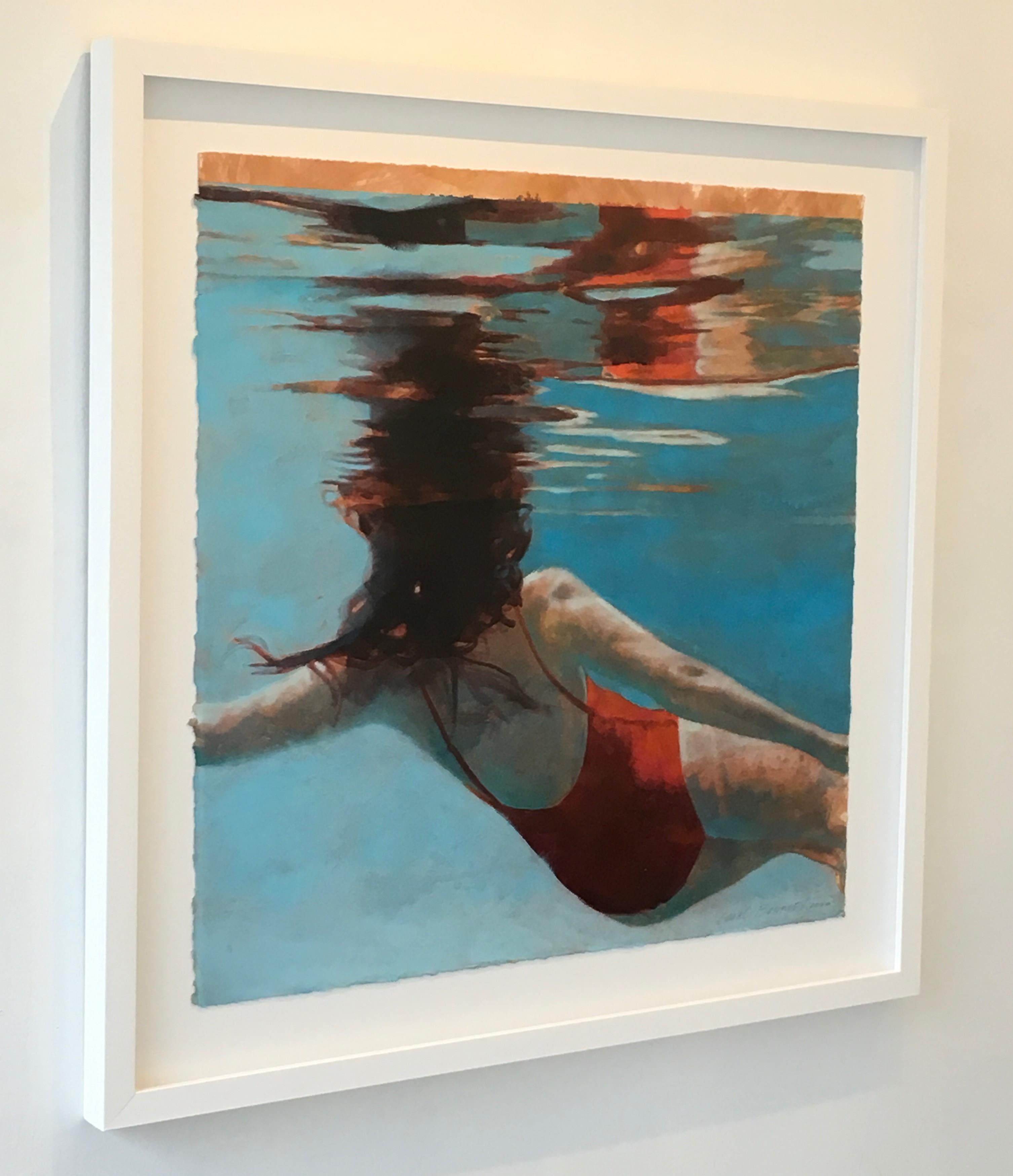Portal, Swimmer, Water, Work on Paper, Blue, Red Swimsuit, Female Figure - Contemporary Painting by Carol Bennett
