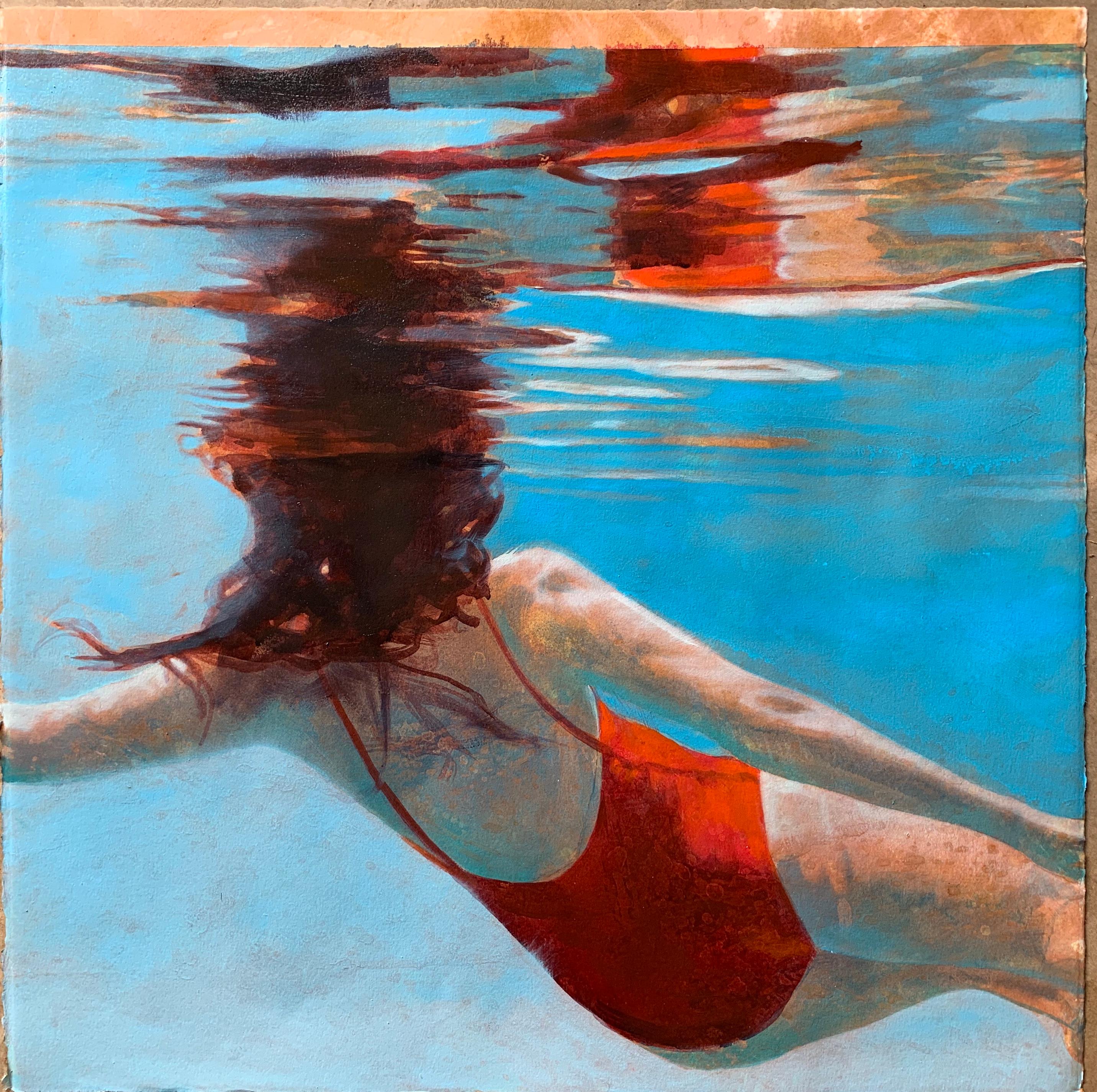 Carol Bennett Figurative Painting - Portal, Swimmer, Water, Work on Paper, Blue, Red Swimsuit, Female Figure