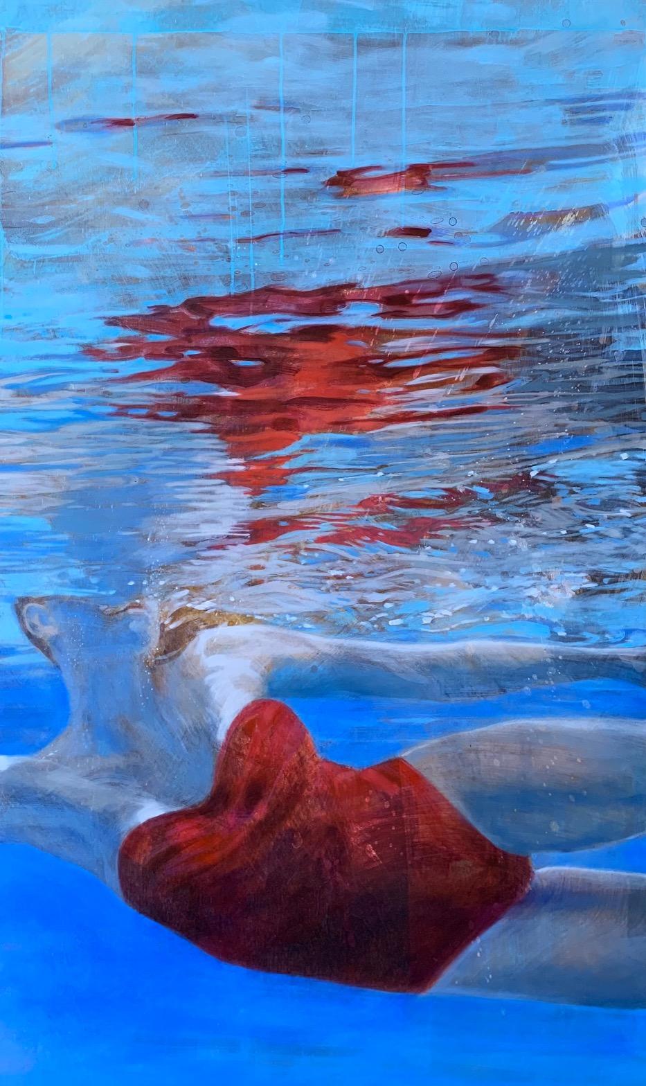 Carol Bennett Figurative Painting - "Rachael in Red and Aquamarine" Woman in Red swimsuit in crystalline blue water.