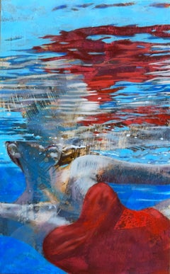 "Rachael in Red" oil painting on panel of a woman in red suit in turquoise pool