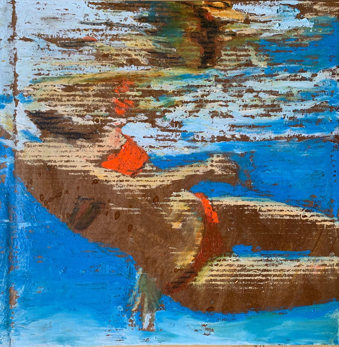 Carol Bennett Figurative Painting - "Rachel Shashay" Textured painting of a woman swimming underwater