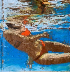 "Rachel Shashay" Textured painting of a woman swimming underwater
