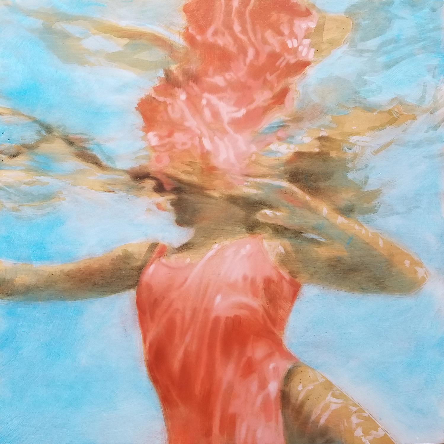 Carol Bennett Figurative Painting - "Rose Cartemus" oil painting of a woman in a red swimsuit in a blue pool