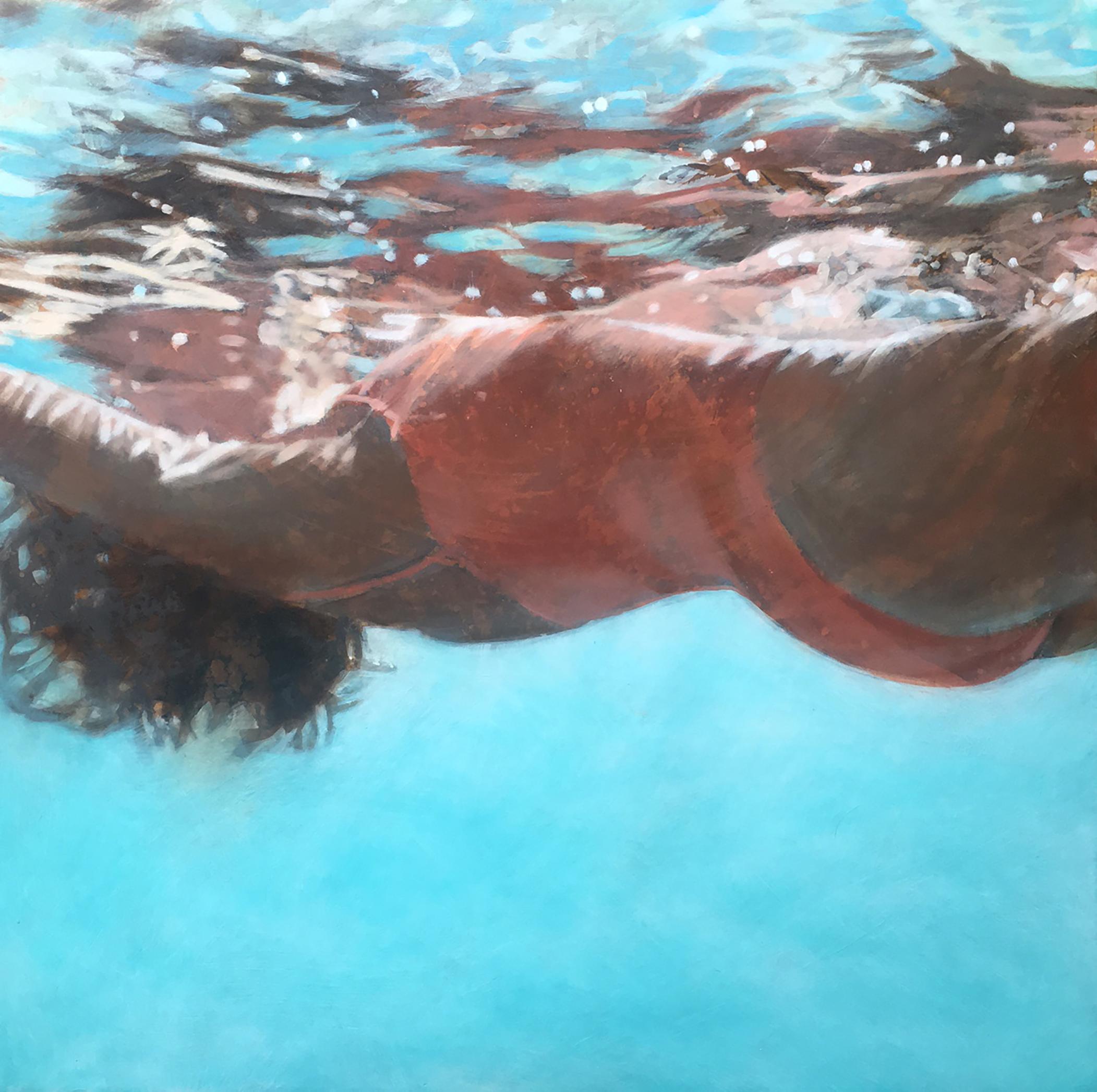 Carol Bennett Figurative Painting - "Salmon-Big and Grounded" oil painting of woman in orange floating in blue pool