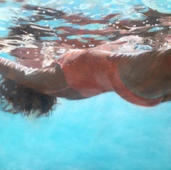 "Salmon-Big and Grounded" oil painting of woman in orange floating in blue pool