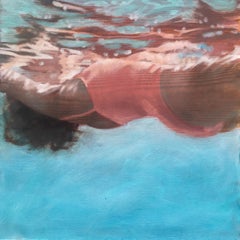 "Salmon-Small and Rosey (paper)" oil painting of woman in orange floating 