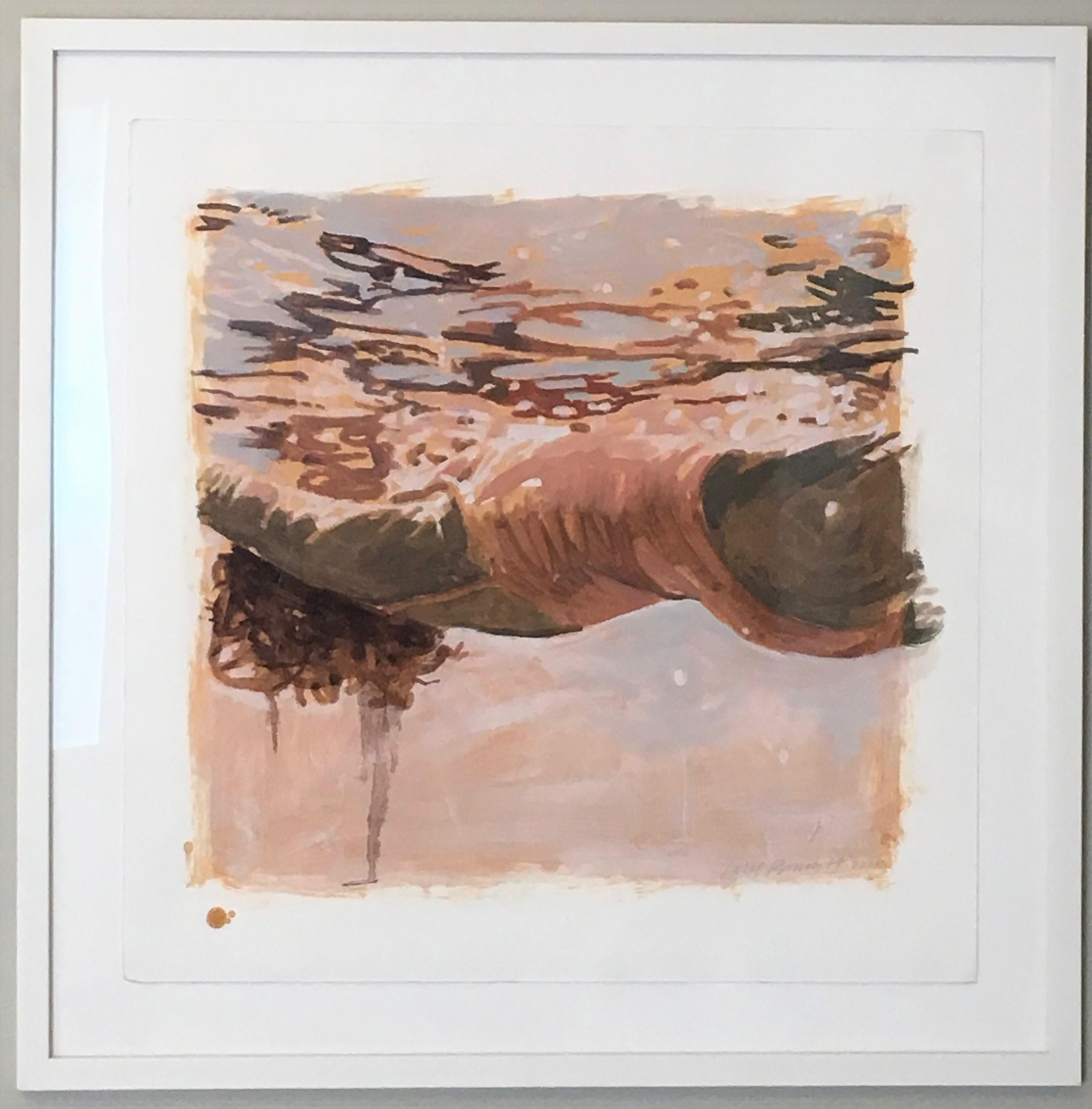 Salmon Study, Mixed Media work on paper, Swimmer, Water, Coral, Orange, floating - Painting by Carol Bennett