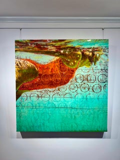 "Sea Water (Bottles)" painting of a woman swimming in a red bathing suit