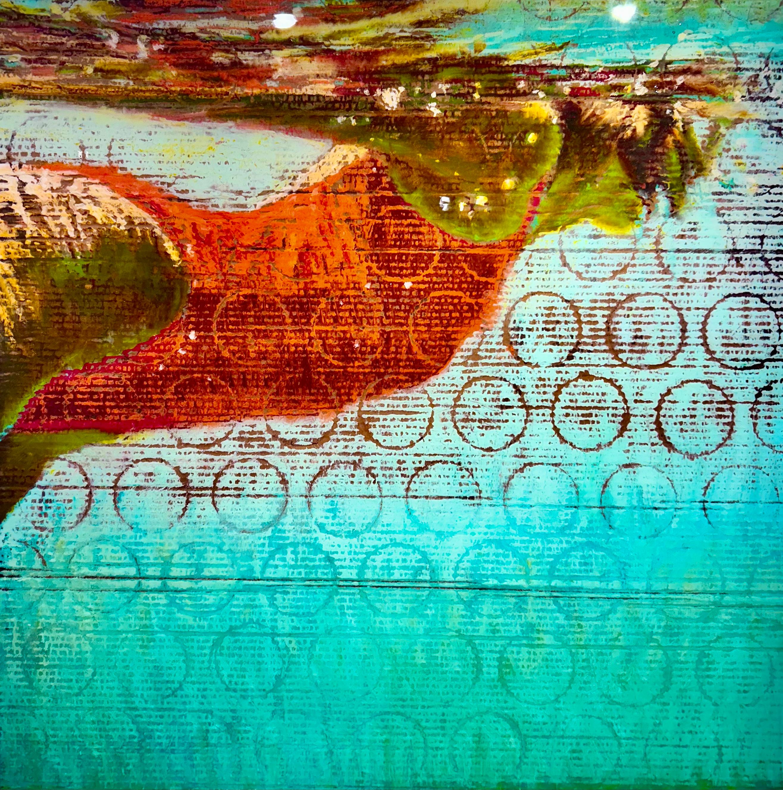 Carol Bennett Figurative Painting - "Sea Water (Bottles)" painting of a woman swimming in a red bathing suit