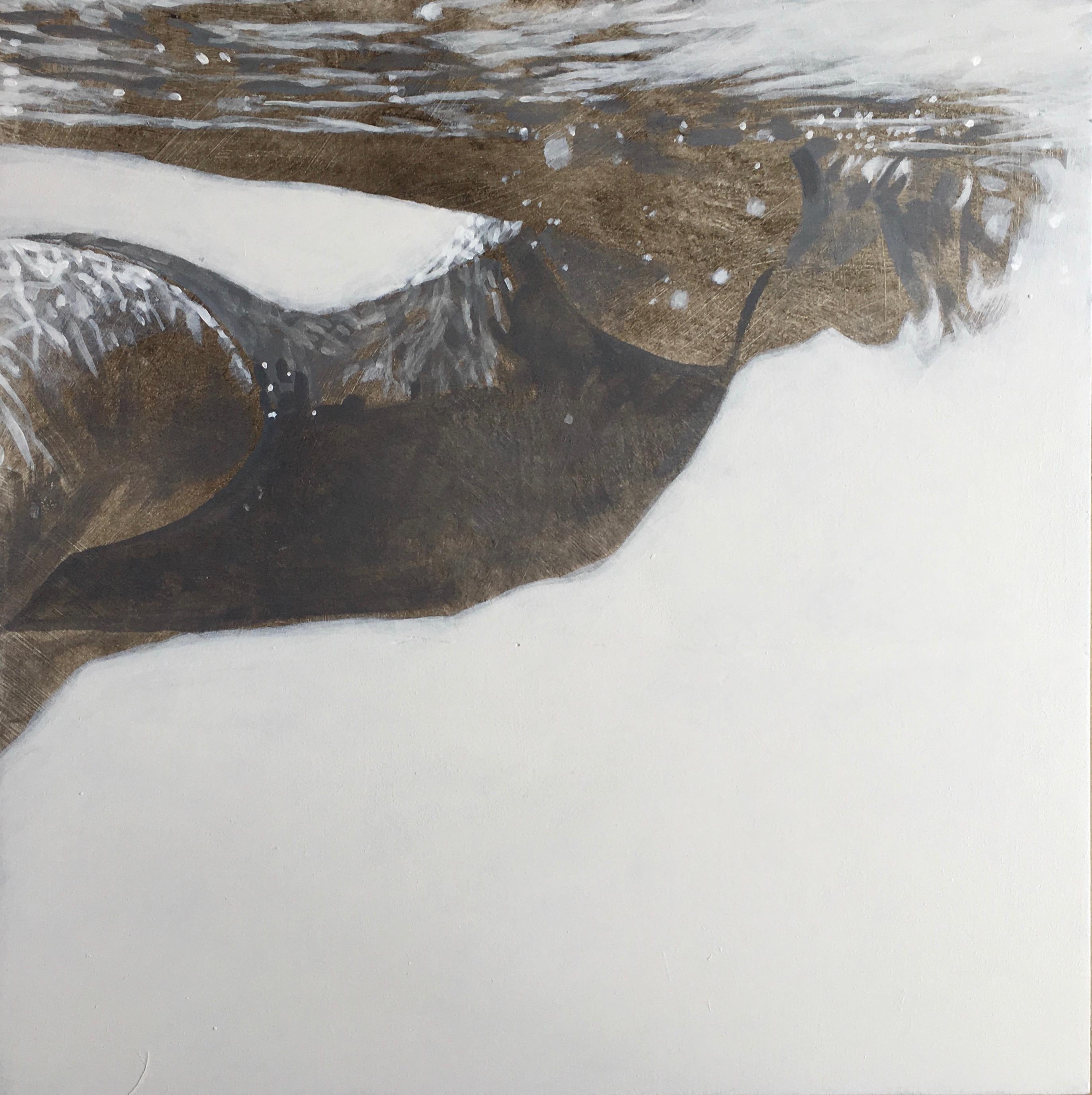 Carol Bennett Figurative Painting - "Carol Being Cool" black and white oil painting of a woman swimming underwater