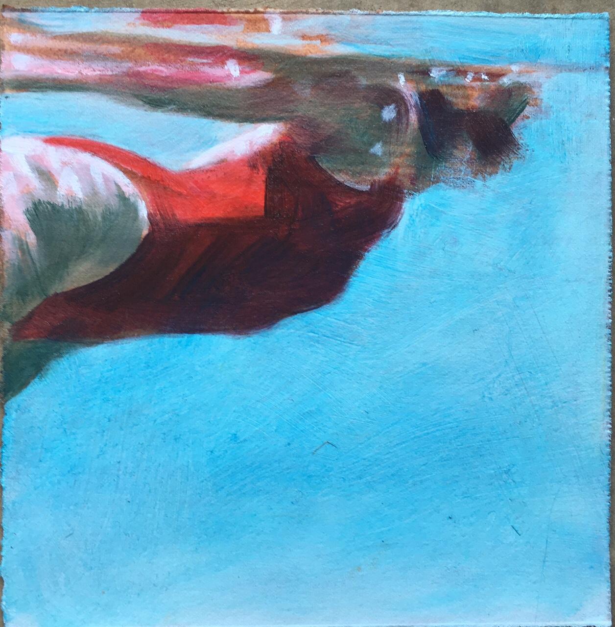 Carol Bennett Figurative Painting - "See Water (Paper)" oil painting of a woman in a red swimsuit in a blue pool