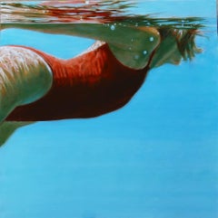 Voir l'eau, nageur, eau, peinture, rouge, bleu, figure féminine, plage