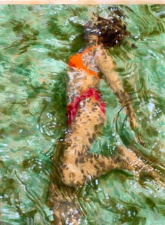 "Skippy (paper)" abstract painting of woman, pink bikini swimming in green water