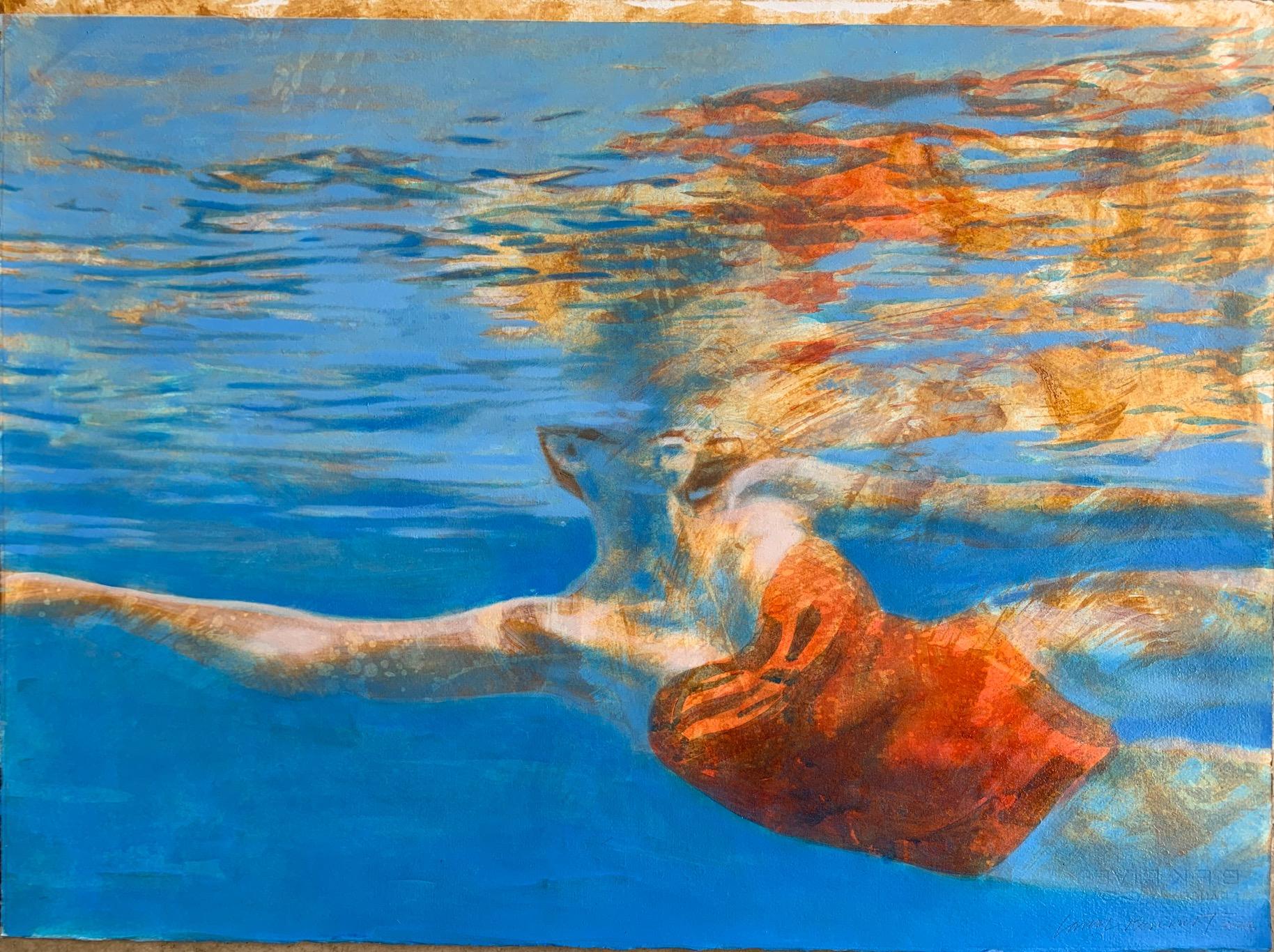 Carol Bennett Figurative Painting - "Slide Right (Paper)" figurative oil painting of swimmer underwater red swimsuit