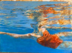 Peinture à l'huile figurative « Slide Right » représentant une nageuse en maillot de bain rouge sous l'eau