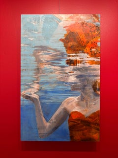 "Stilles Wasser" Leuchtend rote und blaue Szene eines Schwimmers auf der Wasseroberfläche auf einer Tafel.