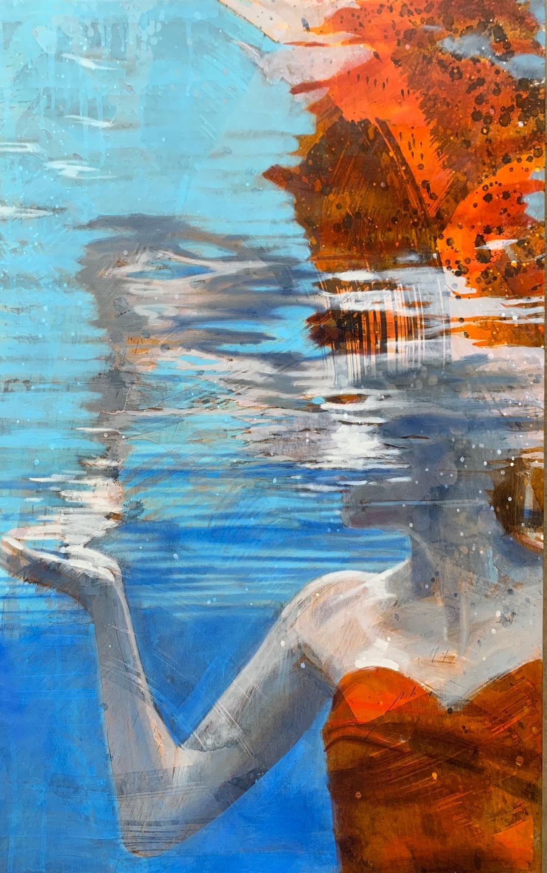 Carol Bennett Figurative Painting - "Still Water" Bright red and blue scene of swimmer on water surface on panel.