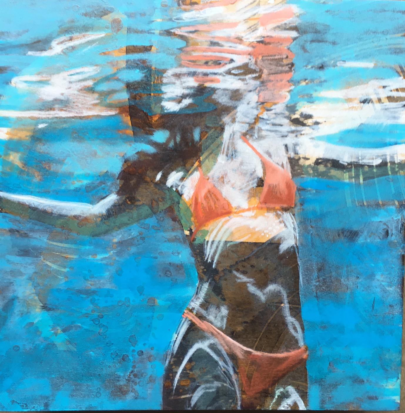 Carol Bennett Figurative Painting - "Summer Sojourn 2" Woman in Orange Bikini Swimming with Reflections on Water