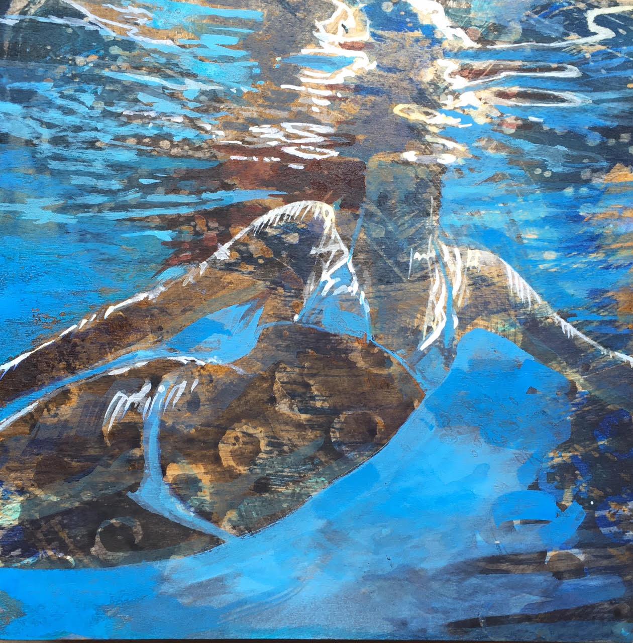 Carol Bennett Figurative Painting - "Summer Sojourn 4" Woman in White Bikini Swimming & Reflection of Water