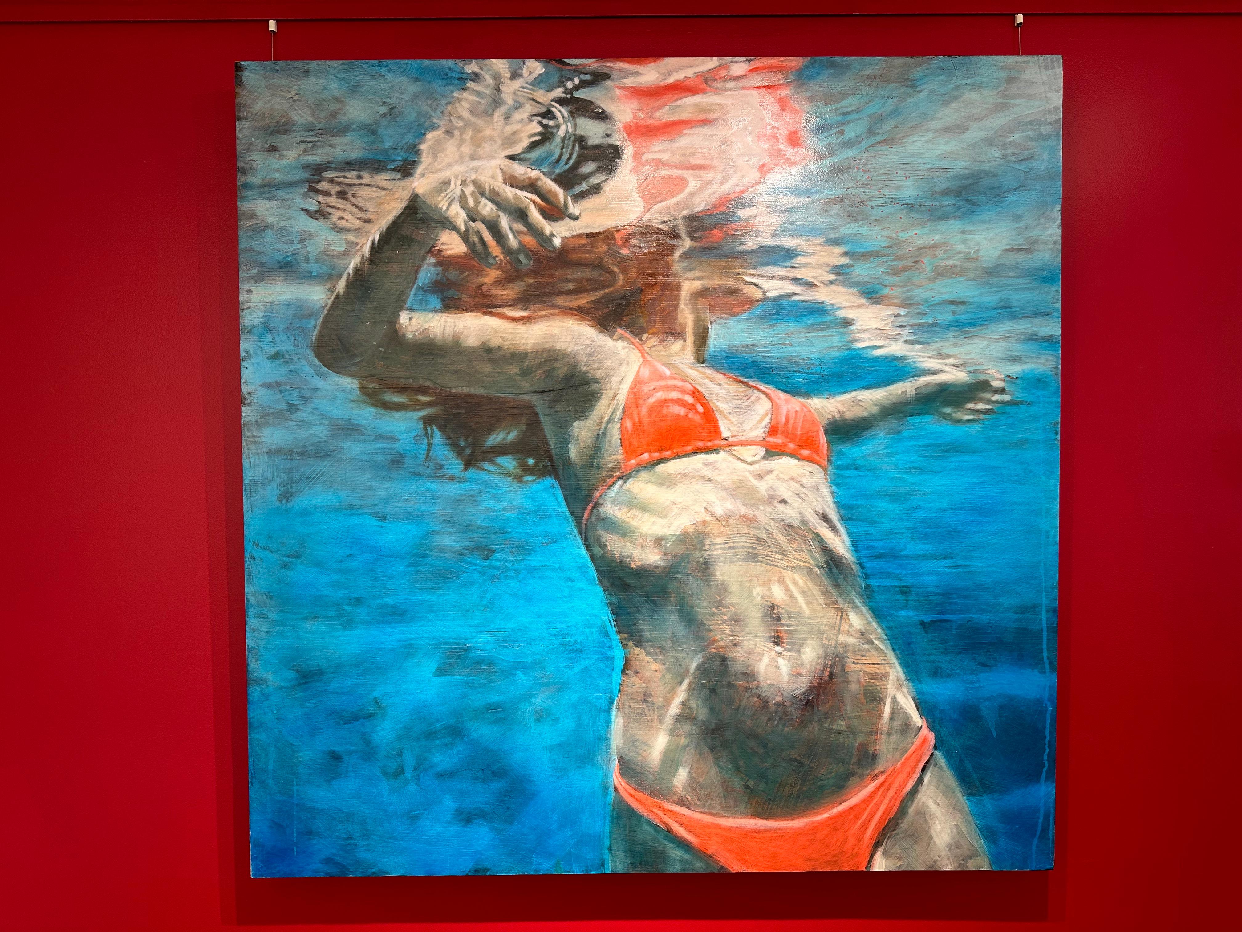 „Summer Traveler“ Ölgemälde einer Frau in rotem Bikini in türkisfarbenem Wasser – Painting von Carol Bennett